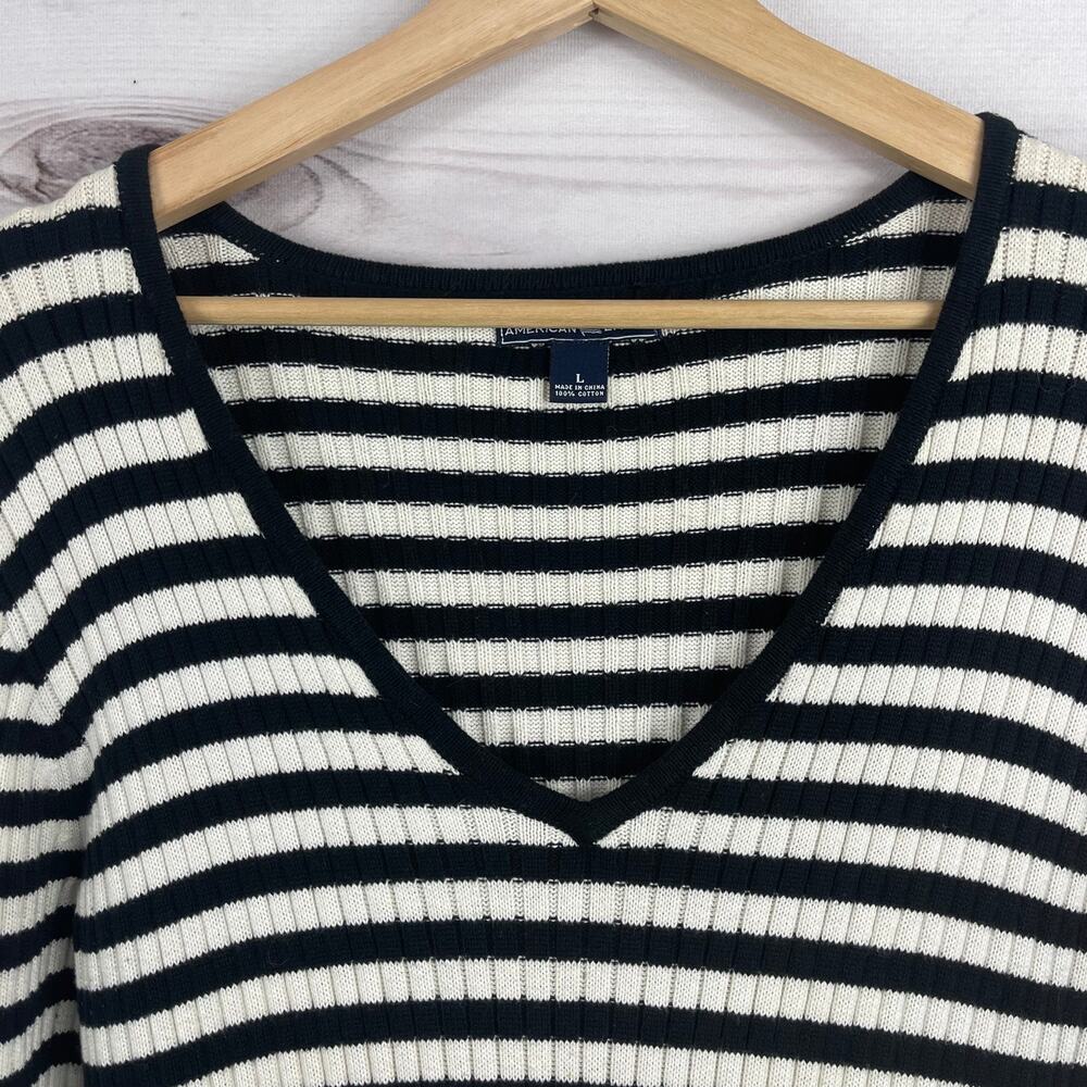 American Living City Brights Black White Stripe Cotton Ribbed Knit V Neck Size L - Picture 4 of 8